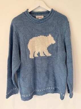 Vintage Cotton Country Blue Bear Knit Sweater XL Made in Canada Cottagecore